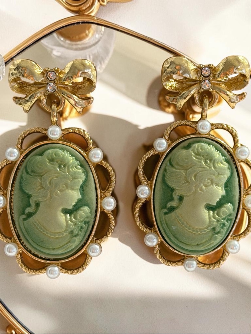 Vintage-Inspired Green Cameo Drop Earrings